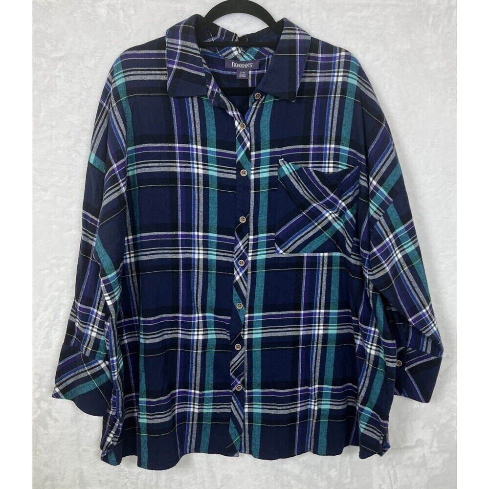 Roaman's Womans Plaid Shirt Button Front Flannel Blue Purple Green Size 22W